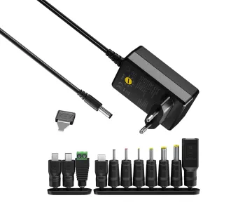 Universal power supply, 3V-12V, 2,25A,max. 27 Watt incl. 11 different adapters, black, DINIC box with Euro hole. adapters, black, DINIC box with Euro hole